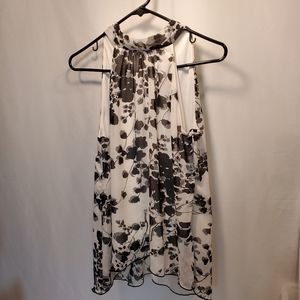 IZ Byer Sheer Drapy Sleeveless Blouse Stand Away Collar Black & White  Women's L